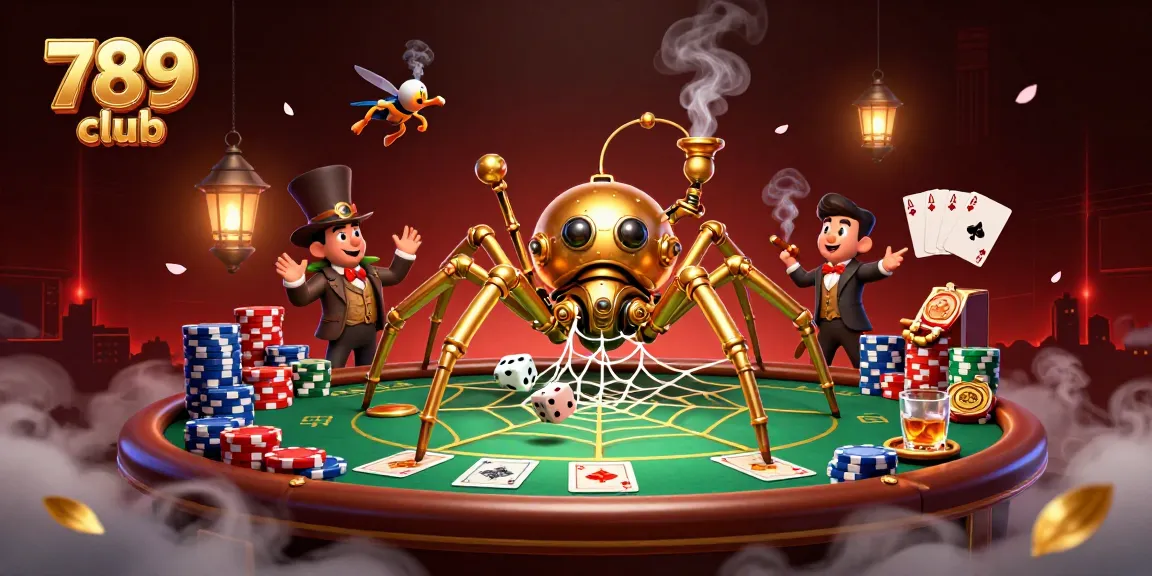 Catch thrilling action at 789 club with a steampunk spider and poker elements in a captivating 3D scene.