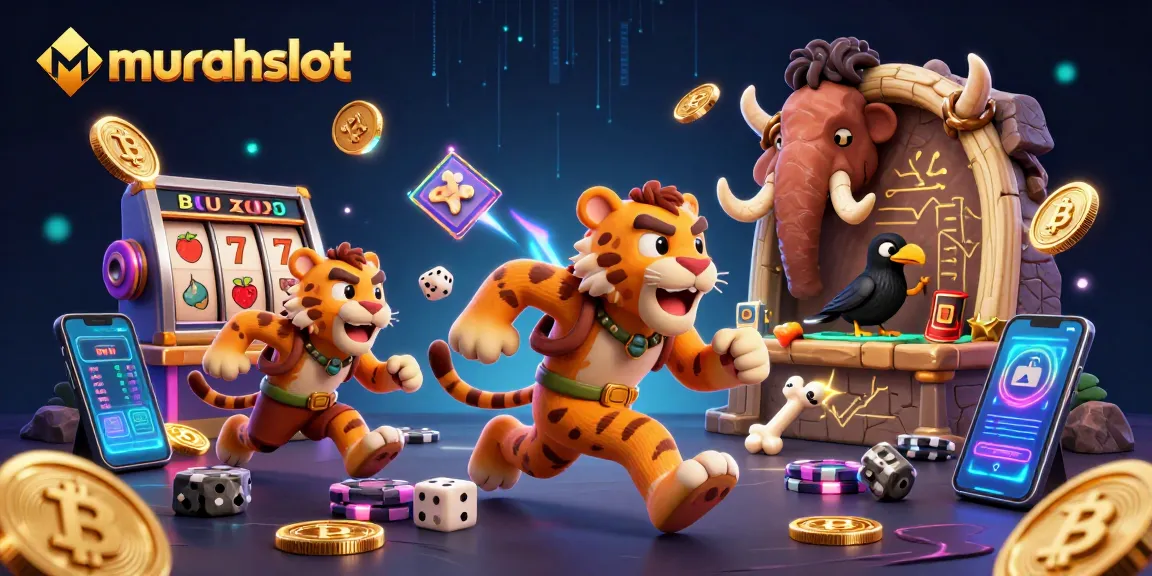 Murahslot, bermain kasino dengan slot dan simbol buah di antara dinosaurus dan harta digital lainnya.