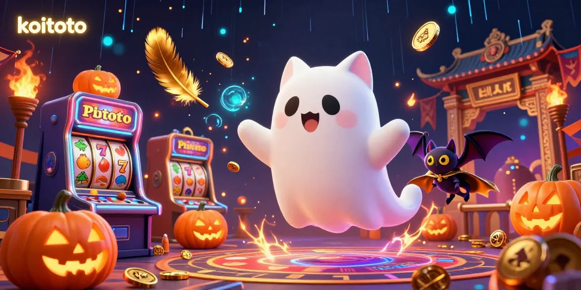 Koitoto slot gaming scene showcasing a ghost cat and bat in a haunted casino atmosphere with vibrant characters.