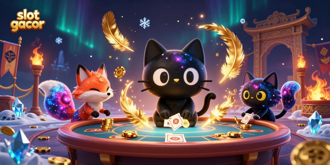 Slot gacor menarik perhatian pemain dengan kucing hitam 3D di meja kasino cosmic yang megah.