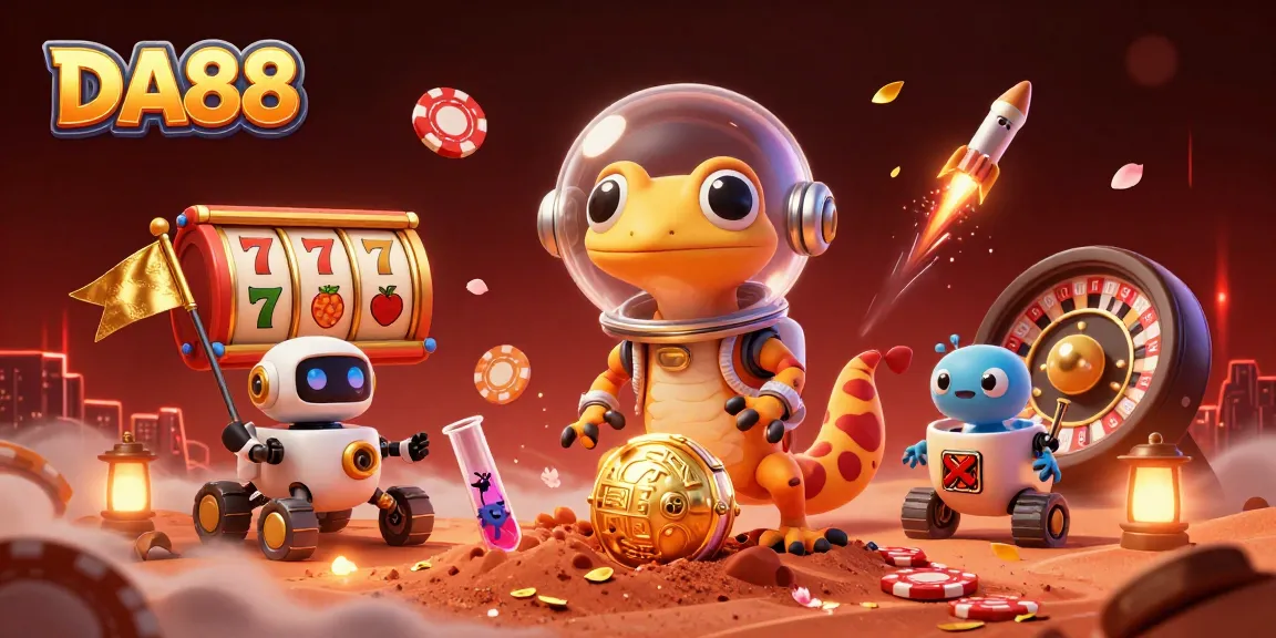 Experience the excitement of DA88 with a Martian gecko uncovering a gold casino while celebrating with lucky symbols.