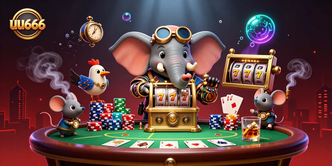 Engage with uu666's electrifying 3D gaming scene featuring a steampunk elephant at a golden slot machine.