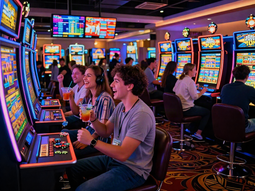 Friends celebrating a win at the slot depo 10k machine in a lively casino atmosphere.