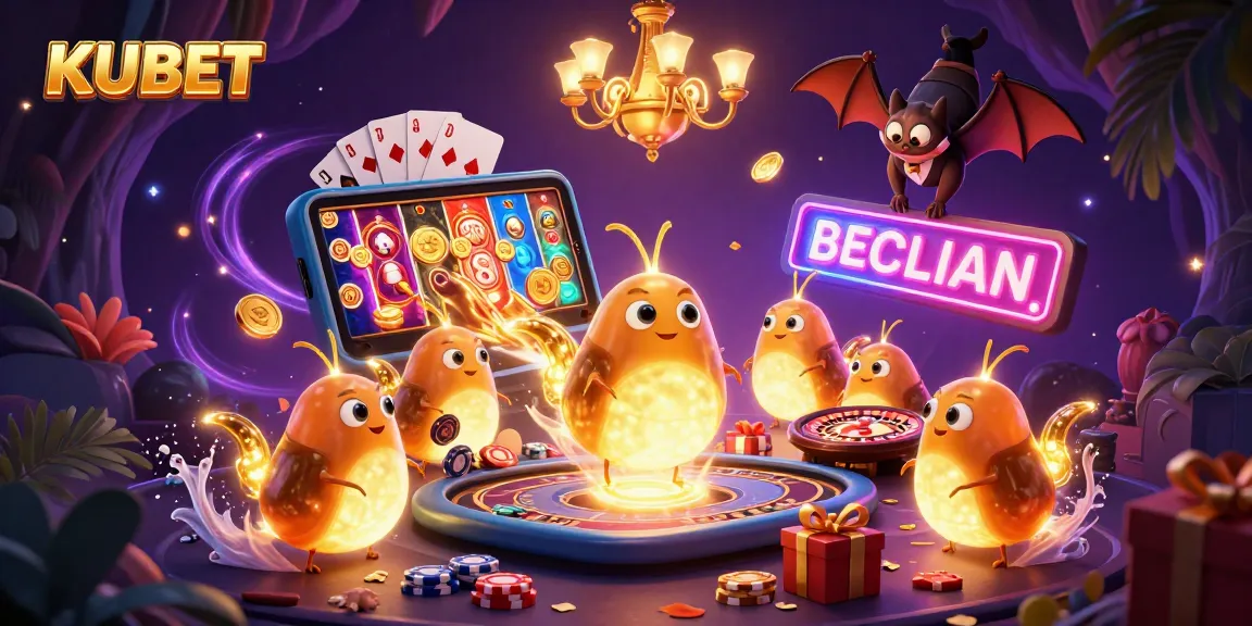 KUBET illuminates a cave casino with glowing characters and vibrant games.