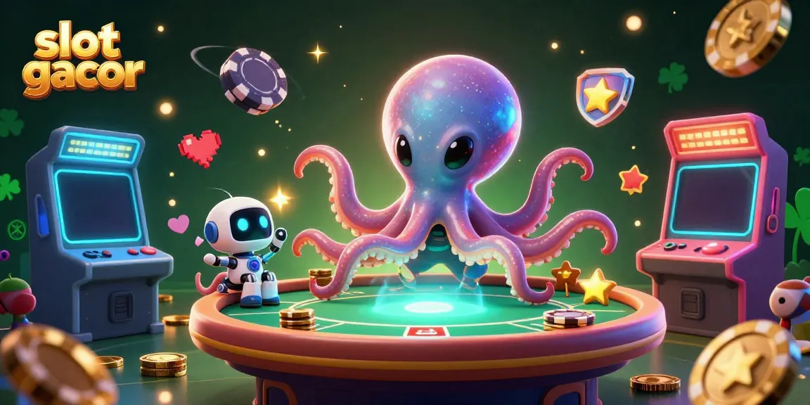 Engaging scene of a slot gacor alien octopus playing poker at a floating holographic table amidst asteroid-shaped chips.