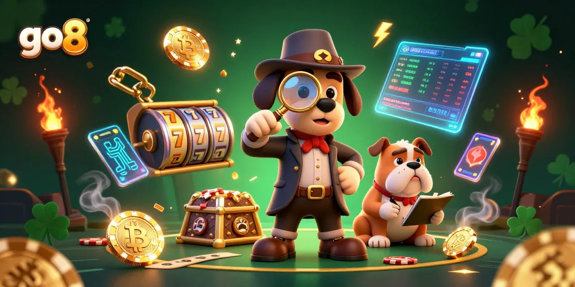 Engage in thrilling games at go8 with a detective uncovering poker chip clues amid neon cryptocurrency elements.