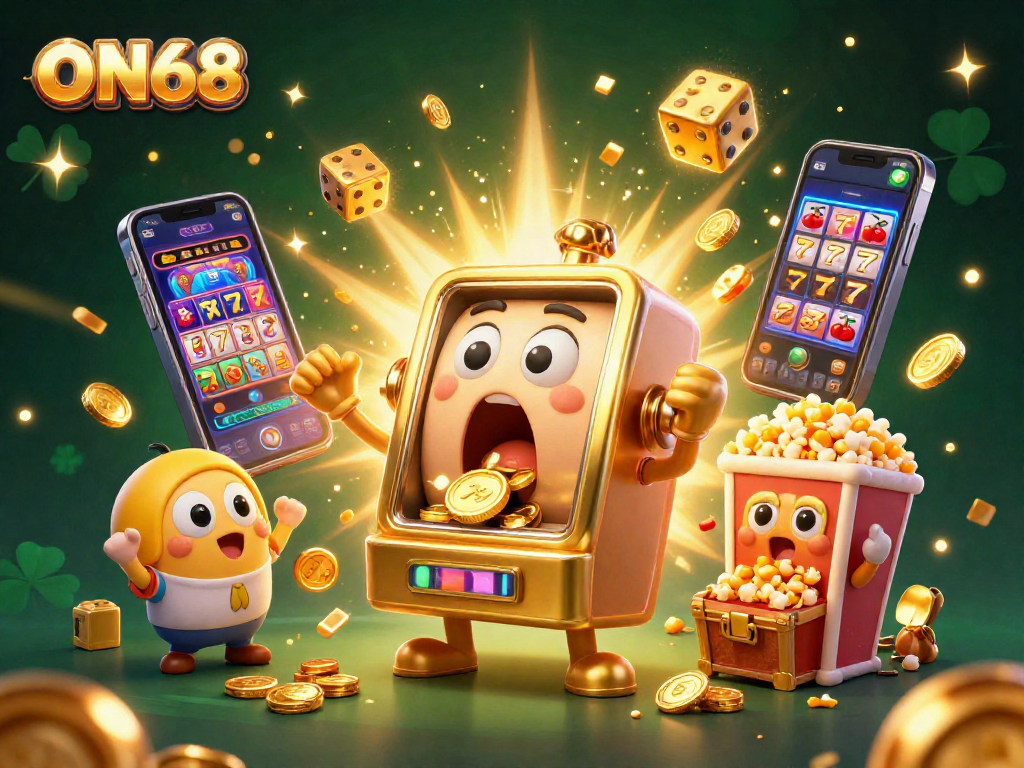 Experience the thrill of ON68's jackpot explosion with an animated slot machine and festive casino elements.