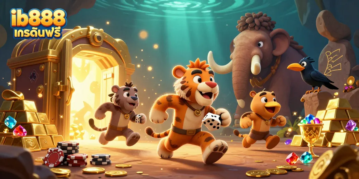 เป็นภาพที่มี caveman และเสือซาบร์ตูธกำลังเล่นคาสิโนในสมัยโบราณ พร้อมกับ ib888 เครดิตฟรี