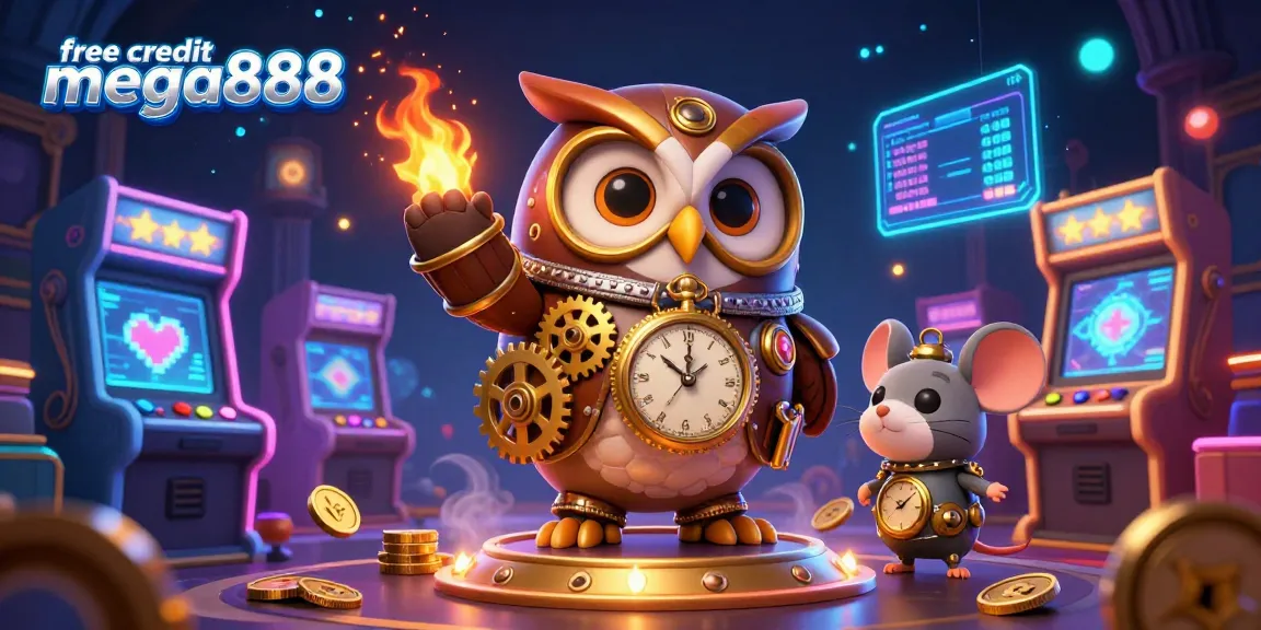 Claim free credit mega888 and enjoy exciting gameplay with detailed 3D casino illustration featuring a time-traveling owl and vibrant gaming elements.