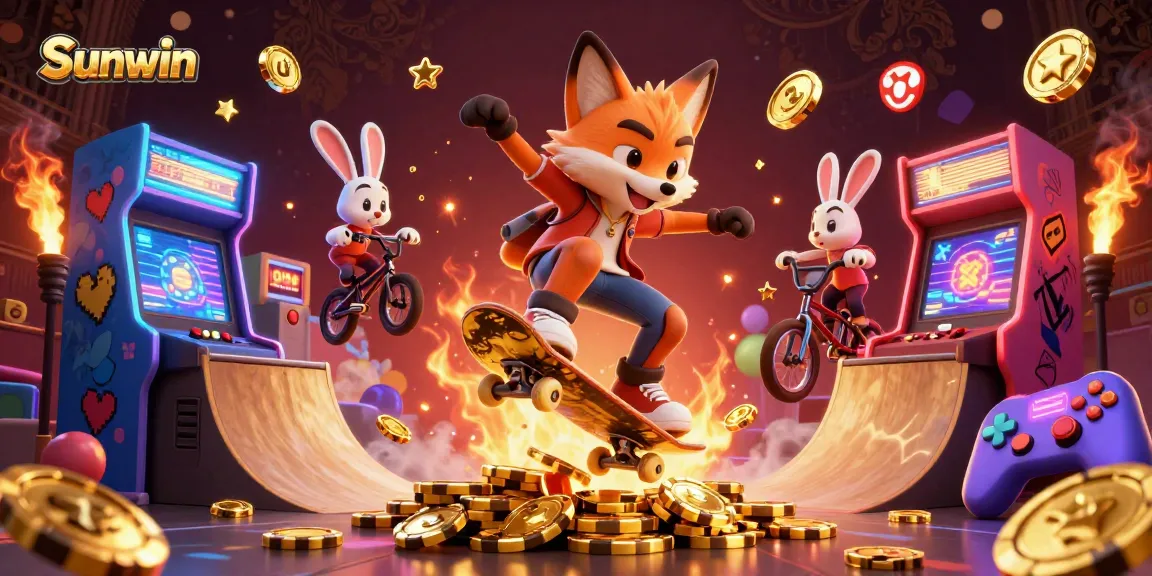 Sunwin players enjoy a dynamic gambling scene with a skateboarder fox and BMX rabbit amid vibrant casino elements.