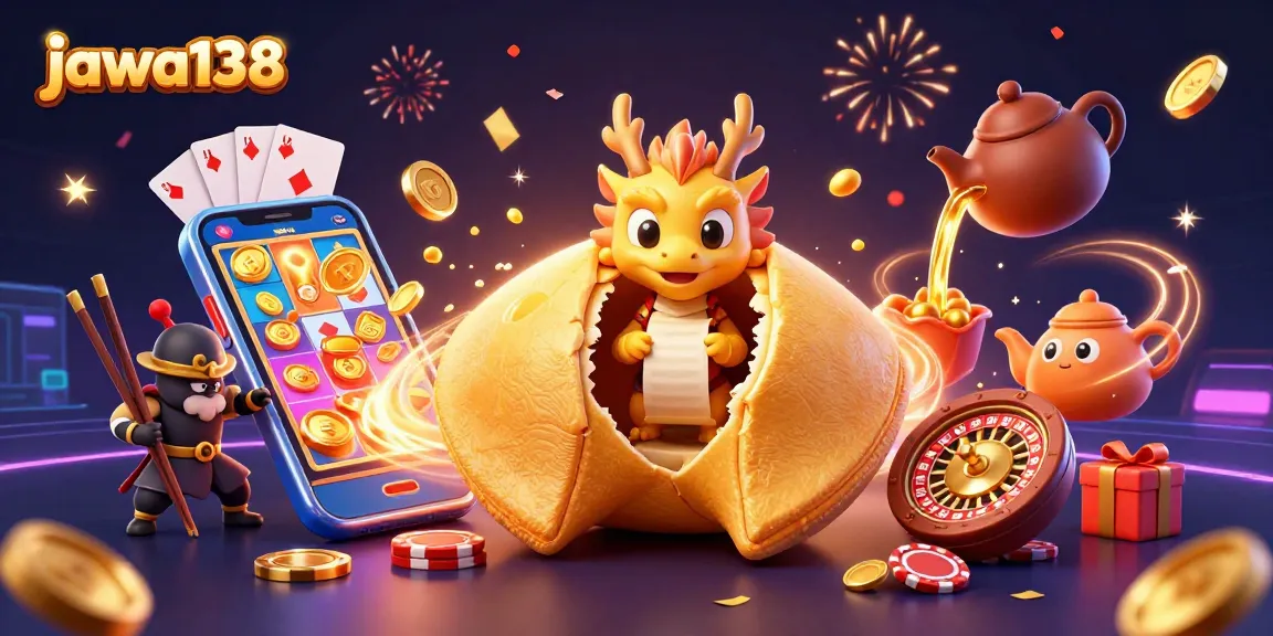 jawa138 menampilkan ilustrasi kasino dengan naga pintar dan kue keberuntungan yang kaya.