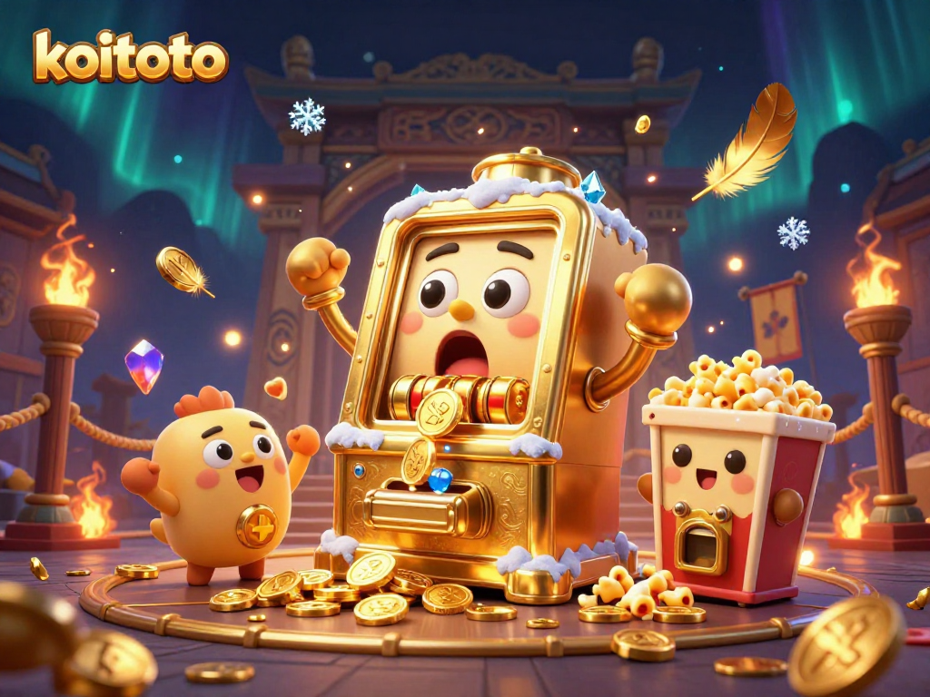 Koitoto menghadirkan slot machine emas yang terkejut saat menang jackpot, dikelilingi elemen permainan menarik.