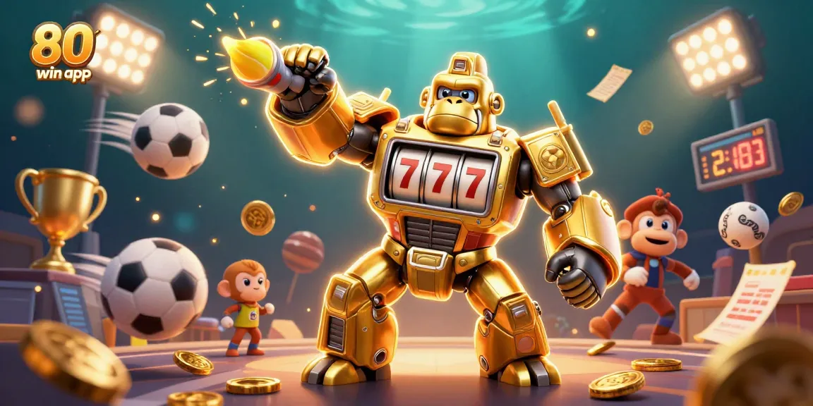 Win big with the 80win app, featuring a golden gorilla mech amidst dynamic sports elements.