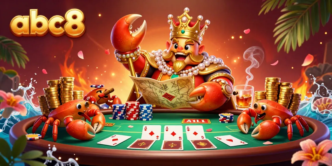 Engage with the vibrant colors of the abc8 online casino as crab emperor presides over a poker table stacked with chips.
