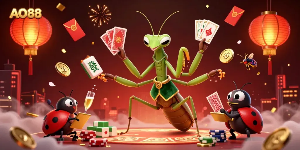 Experience the thrill of gambling with AO88, featuring vibrant gaming elements and dynamic characters in an exciting casino setting.