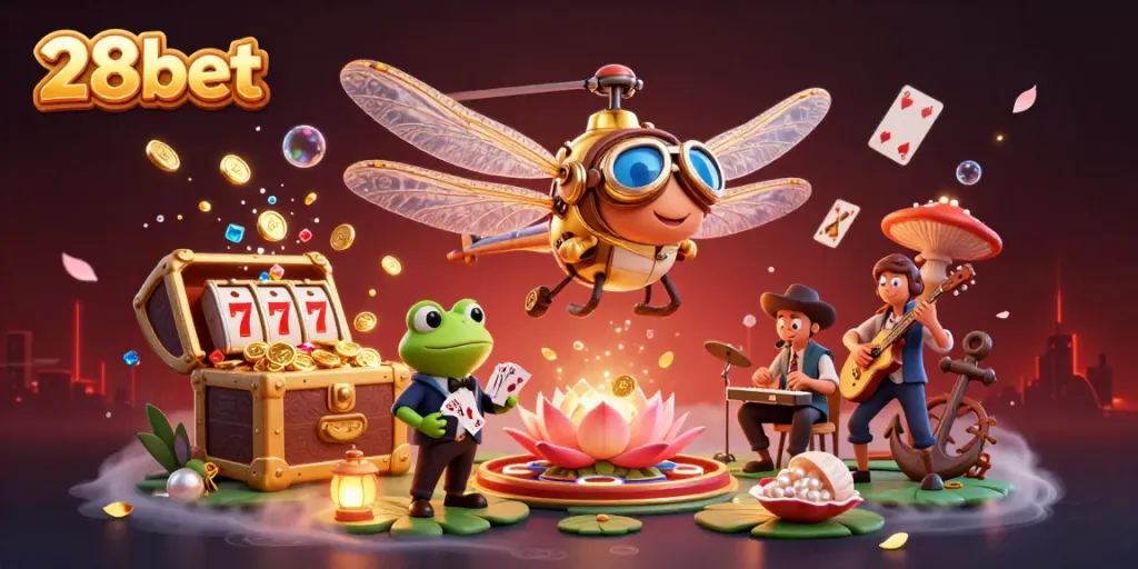 Experience the vibrant action at 28bet with a whimsical 3D scene featuring a frog croupier and a dragonfly pilot amidst casino fun.