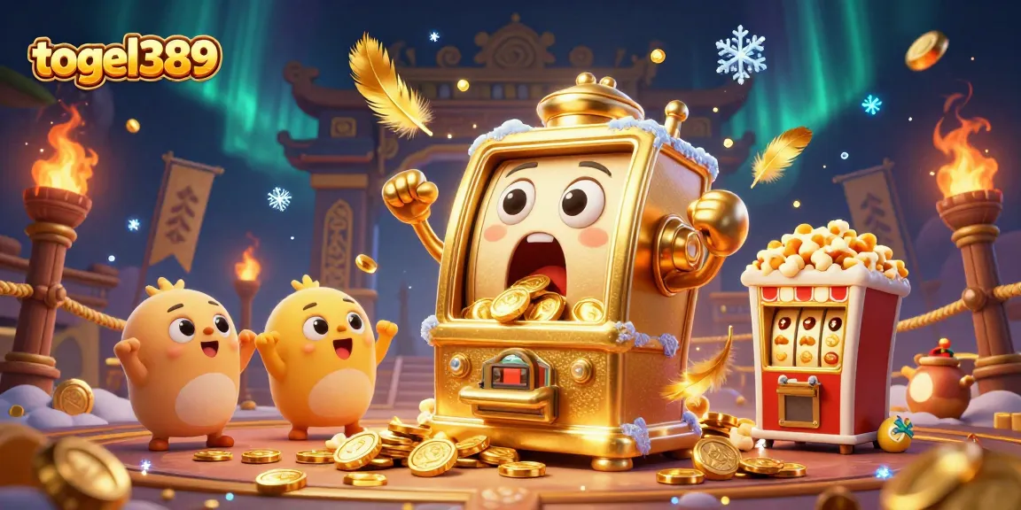 Experience exciting wins with togel389's golden slot machine hitting jackpots and cheering companions in a dynamic scene.