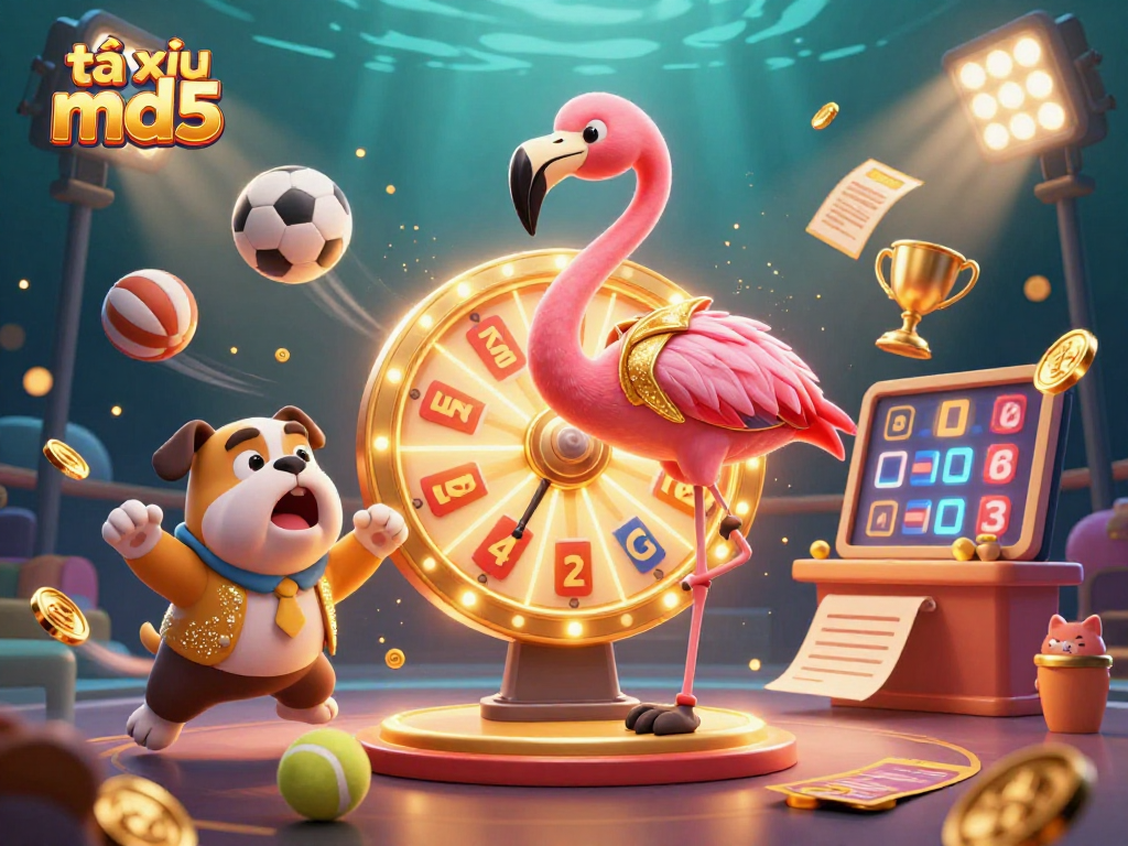 Engage with tài xỉu md5 as the flamingo host spins the prize wheel surrounded by dynamic sports elements.