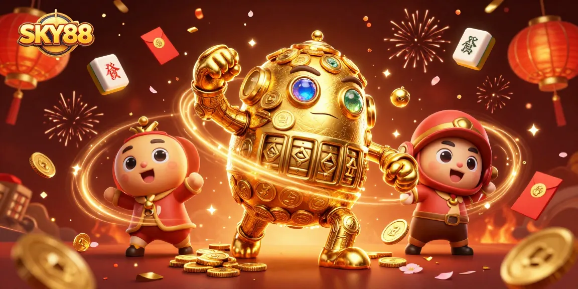 Bet on SKY88's exciting casino experience with vibrant golem surrounded by festive gaming elements.