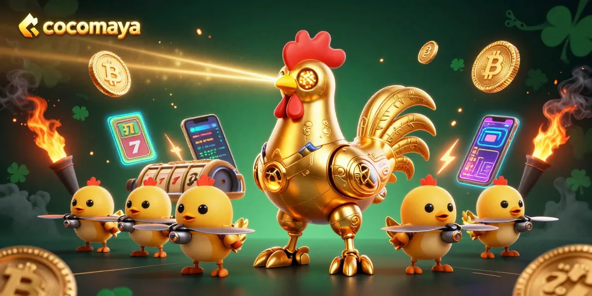 Cocomaya's thrilling slot game illustration with a golden robot shooting lasers, showcasing vibrant Bitcoin and Ethereum coins.