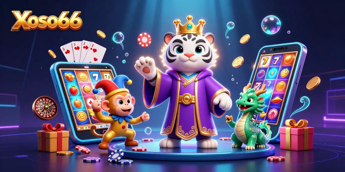 Xoso66 brings excitement with a playful monkey juggling chips beside a majestic tiger in this dynamic gambling-themed illustration.