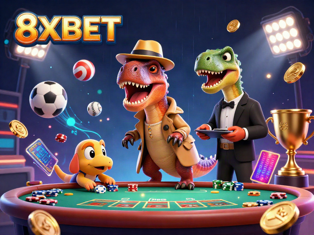 Engage in thrilling action at 8XBET with dynamic sports betting elements and cartoon characters crafted in a vibrant casino scene.
