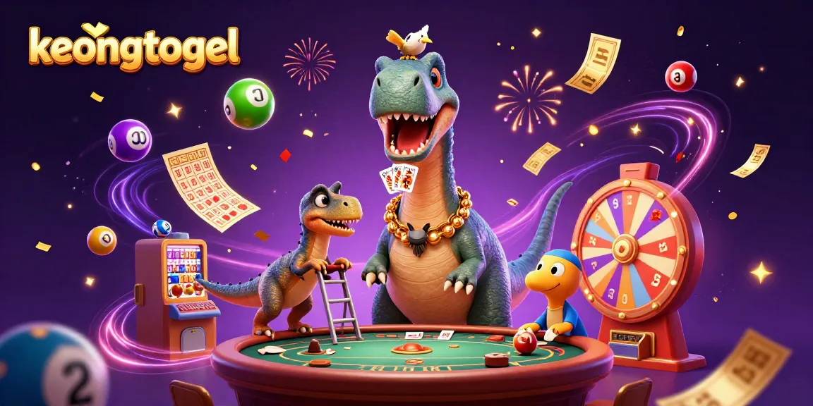 Engage with keongtogel as colorful elements burst around a brontosaurus in a vibrant casino scene.