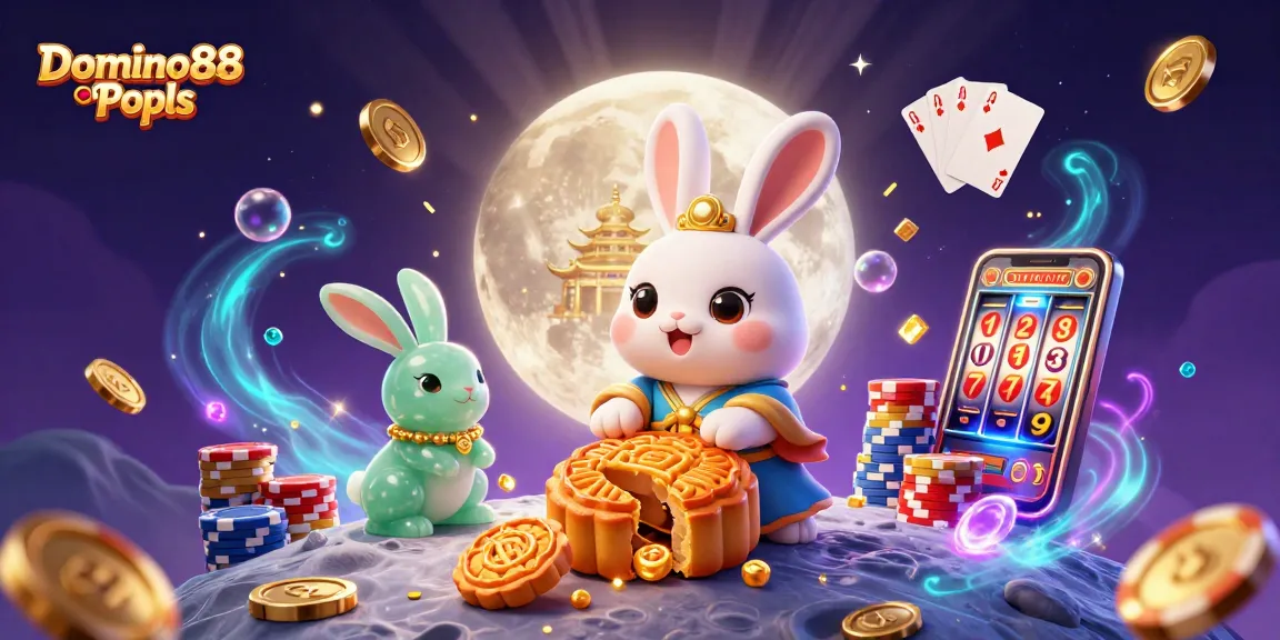 Engaging scene of Domino88 Pools highlighting the playful moon rabbit with poker chips and vibrant casino elements.