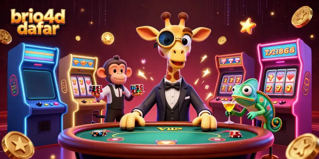 Engage with brio4d daftar in a vibrant casino scene featuring a high-roller giraffe and animated game elements.