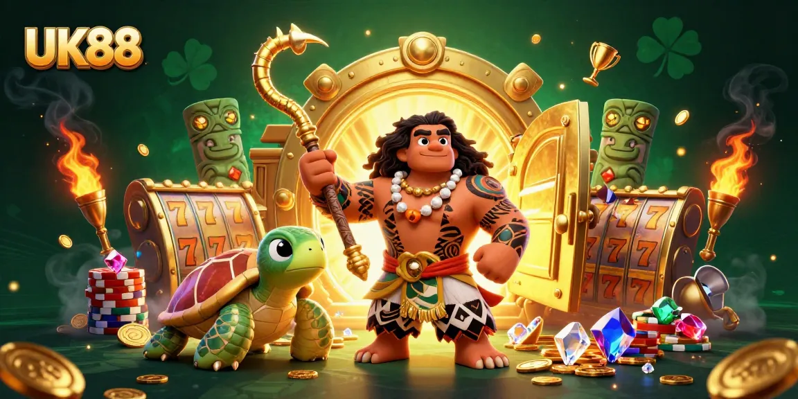 Experience UK88 casino thrills in a vibrant slot game illustration with dynamic 3D characters.