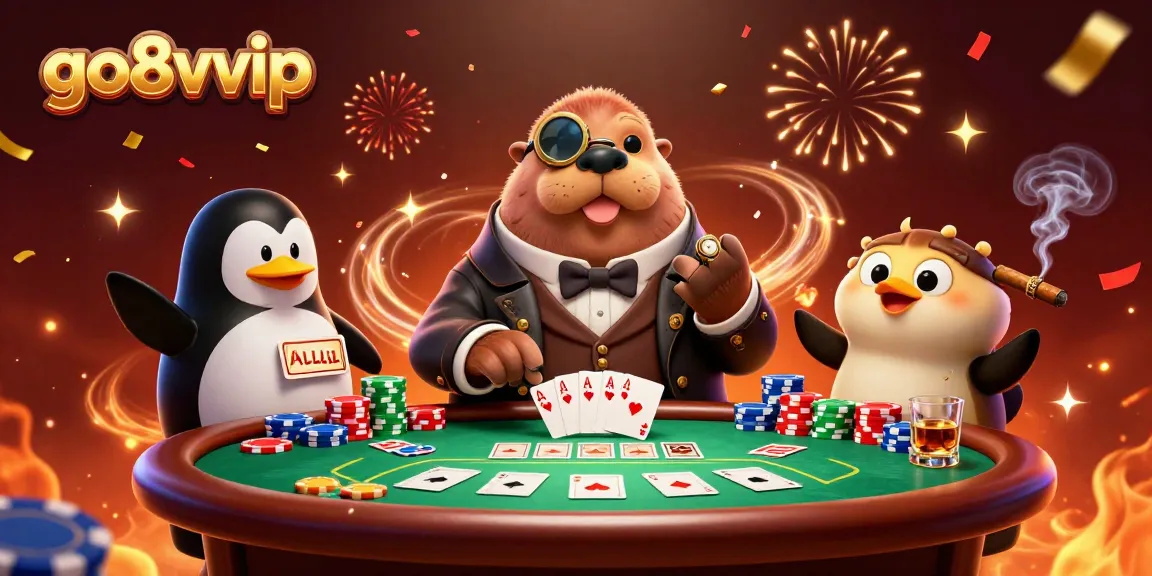 Experience thrilling poker action with go8vvip in an ultra-detailed 3D casino illustration showcasing a walrus, penguin dealer, and pufferfish player.