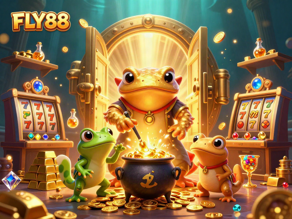 FLY88 enhances your gaming experience with vibrant slots and gold treasures in this 3D illustration.