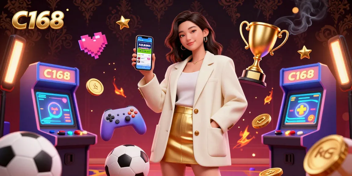 C168 offers engaging sports betting experiences with an Asian woman showcasing a betting app and 3D sports elements.