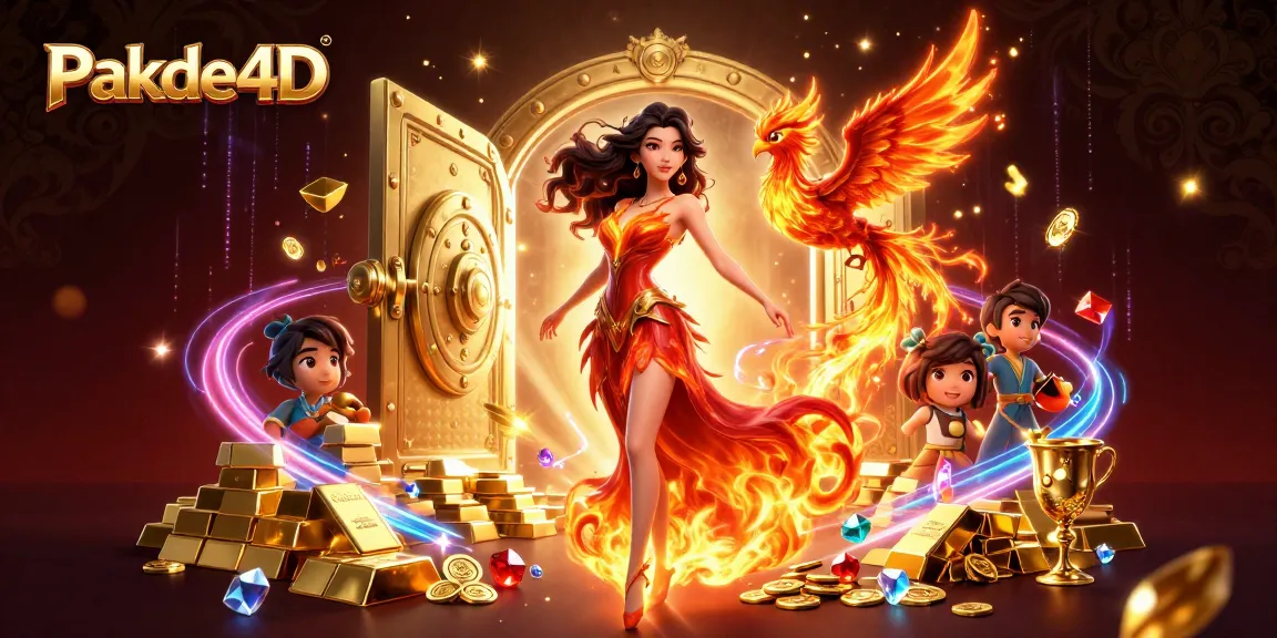 Pakde4D showcases vibrant 3D illustration of a stunning Asian woman and a fiery phoenix amidst gold treasures.