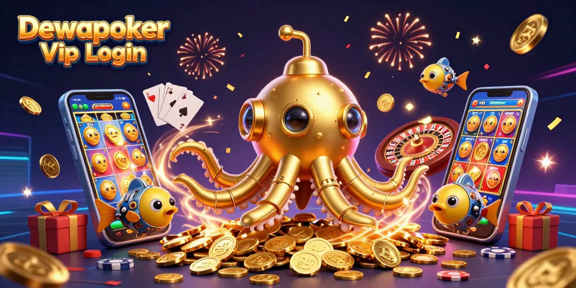 Dewapoker Vip Login showcasing an adventurous scene with a golden kraken submarine amidst gambling elements, creating excitement.