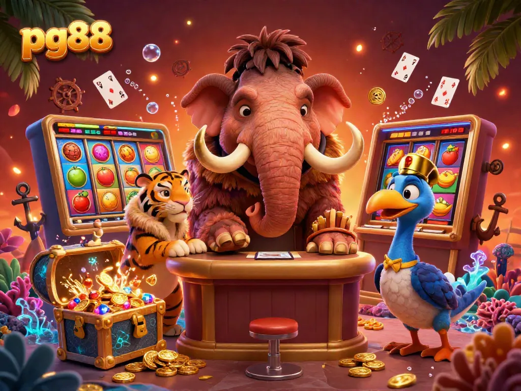 Experience the excitement of pg88 with a cartoon woolly mammoth bouncer, VIP saber-tooth tiger, and dodo doorman featuring vibrant casino symbols.