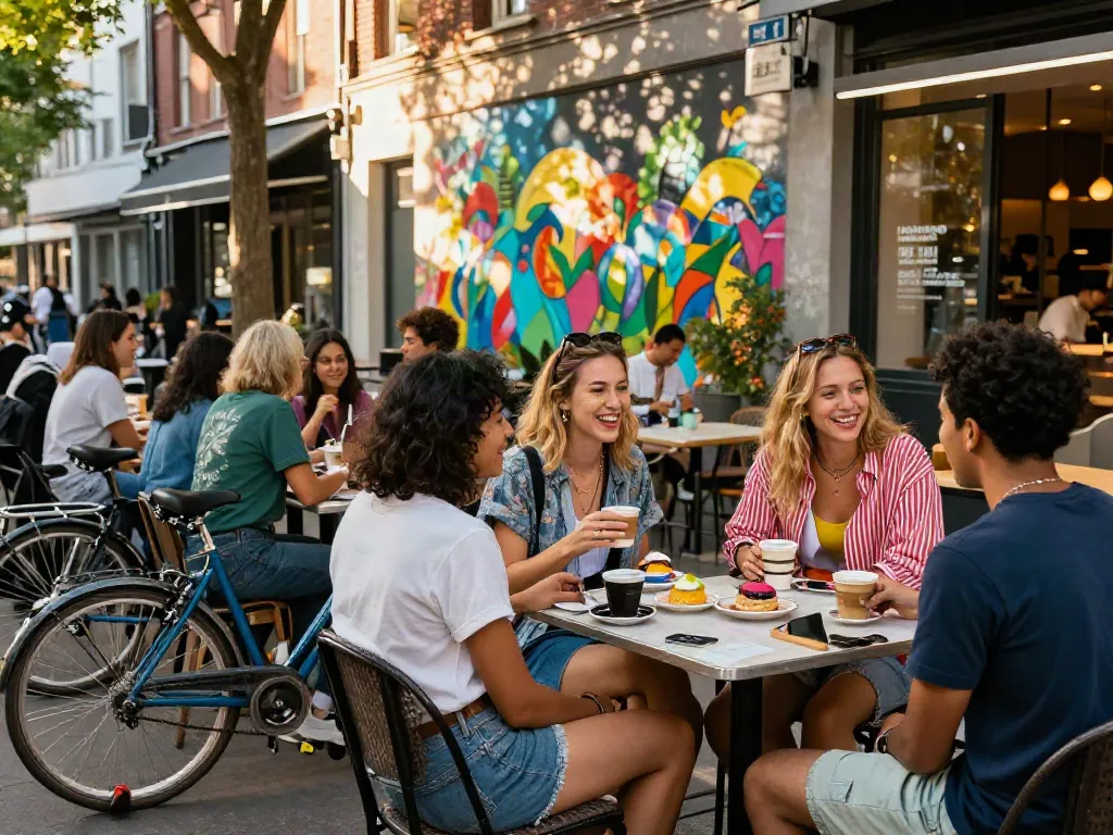 Friends enjoying vibrant urban café culture while discussing rokok88 lifestyle trends.