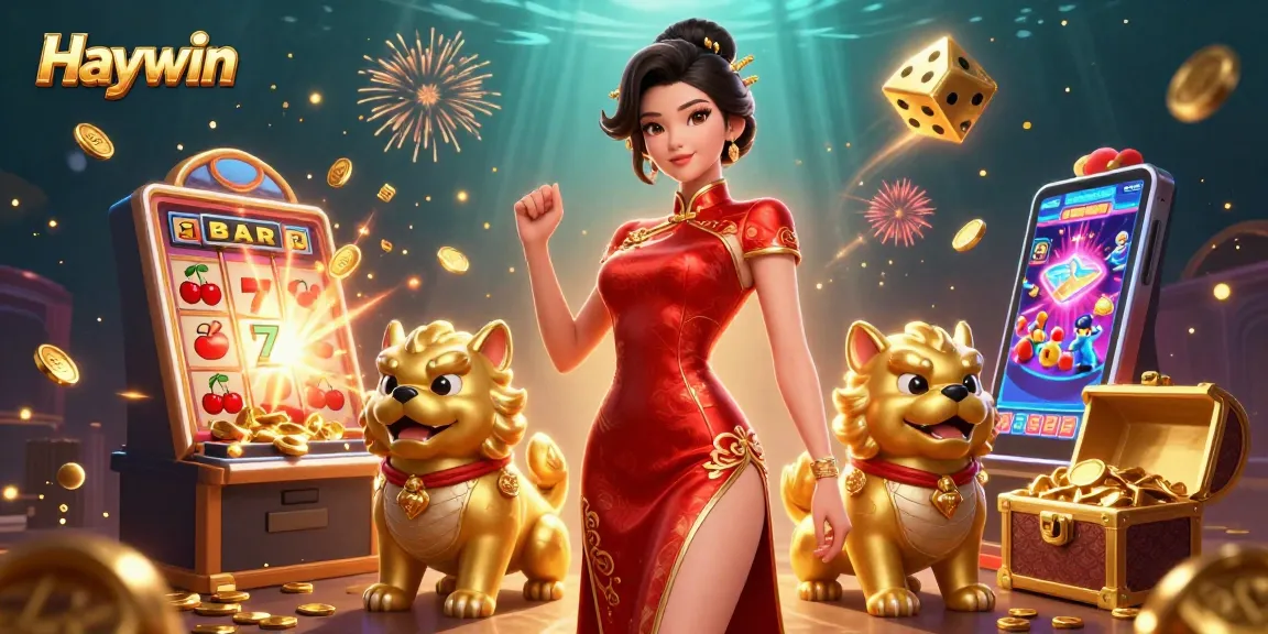 Experience explosive jackpots with Haywin's vibrant casino scene, featuring a lively Asian woman amidst casino elements.