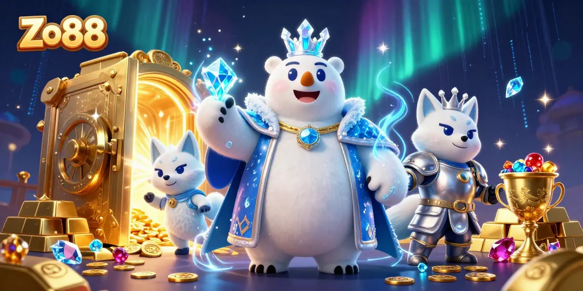Spin for rewards at Zo88 with a polar bear king and snow fox in a dazzling treasure scene.