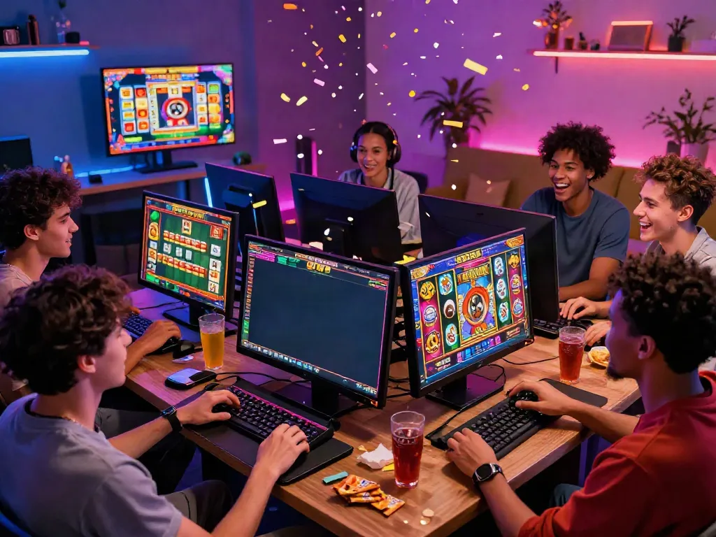 Exciting king999 online gaming scene with friends celebrating wins and enjoying slots.