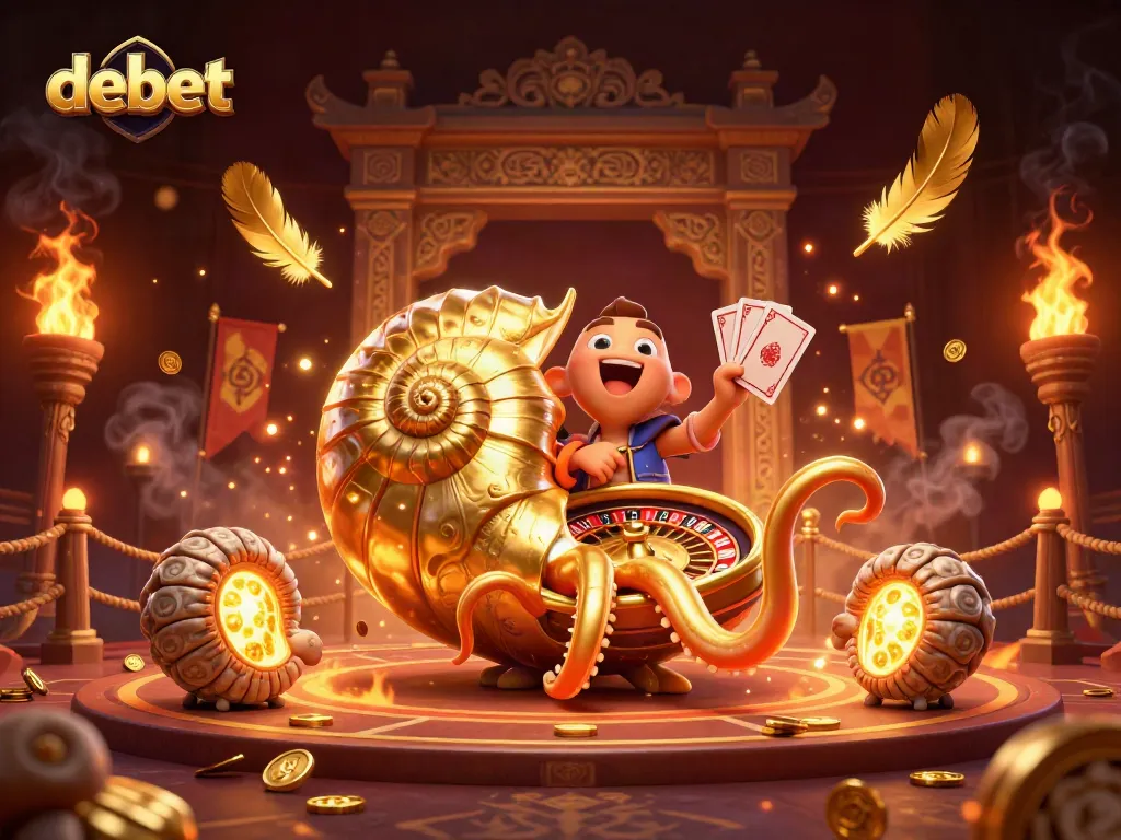 Debet showcases thrilling gambling action with a vibrant 3D nautilus roulette wheel and glowing ammonite companions.