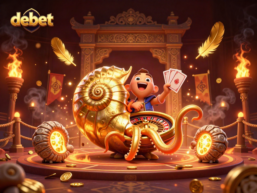 Debet showcases thrilling gambling action with a vibrant 3D nautilus roulette wheel and glowing ammonite companions.