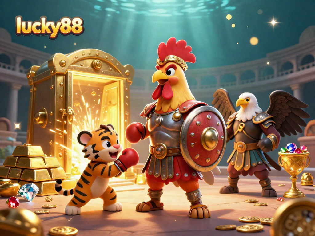 Experience adventure with lucky88 in this 3D illustration of a gladiator rooster and tiger cub sparring under golden treasure lights.