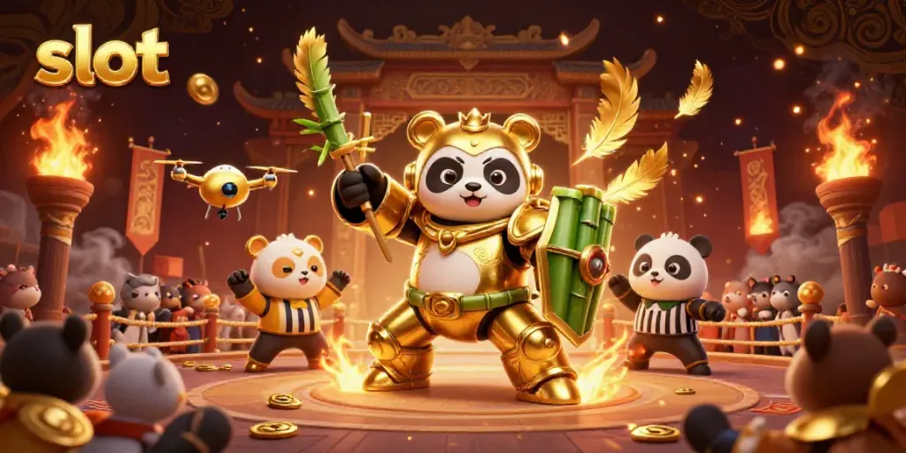 Slot permainan yang menarik di arena dengan panda emas, robot, dan penonton hewan
