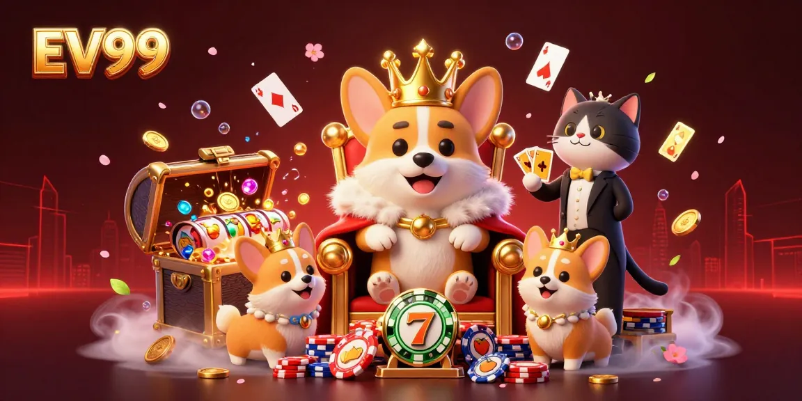 Experience thrilling EV99 gaming with a royal corgi and cat butler amidst dazzling casino elements.