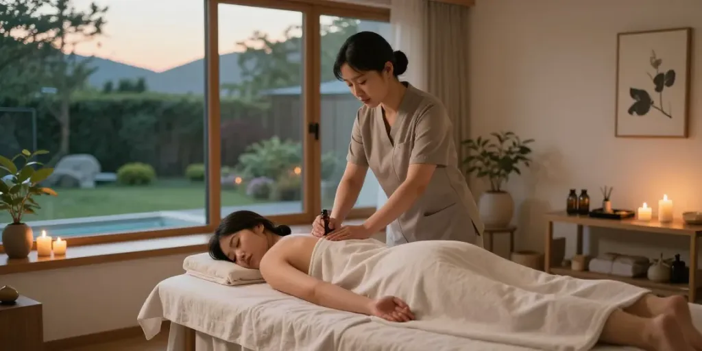 Therapist performing 서울출장마사지 in tranquil spa setting with calming decor and soothing atmosphere.