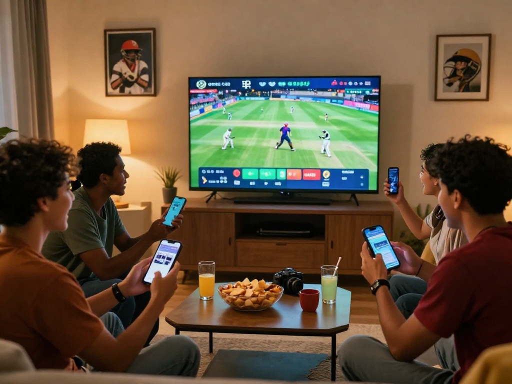 Friends enjoying live cricket betting on FairPlay id in a cozy living room with snacks and excitement.