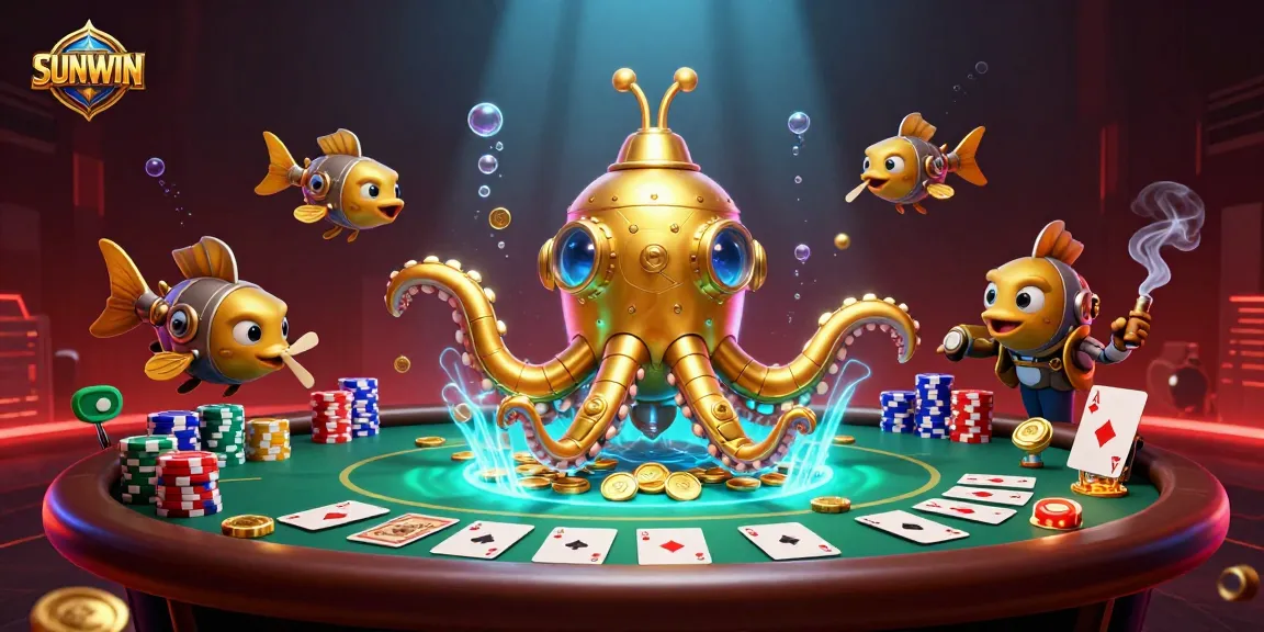 SUNWIN showcases a thrilling 3D casino scene with a golden kraken and poker elements.