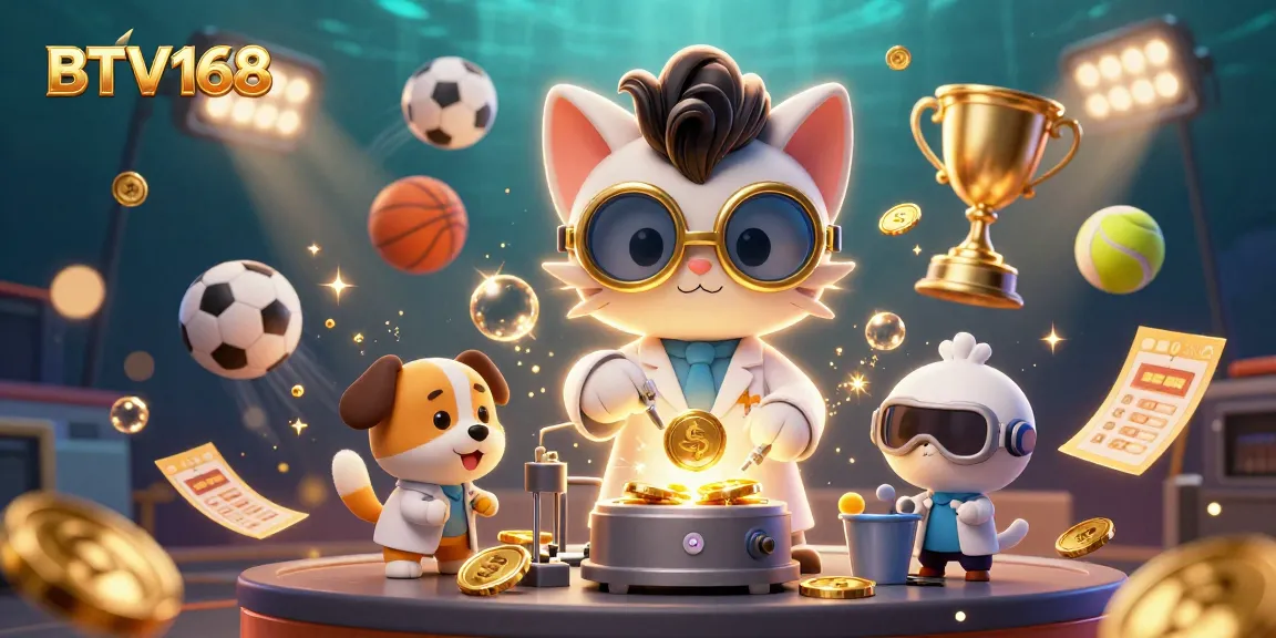 Engage with BTV168 through dynamic sports betting excitement, featuring a mad scientist cat and lab assistant in a vibrant lab scene.