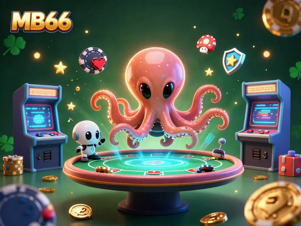 Engage with MB66's thrilling poker experience featuring an alien octopus and a dynamic holographic table.